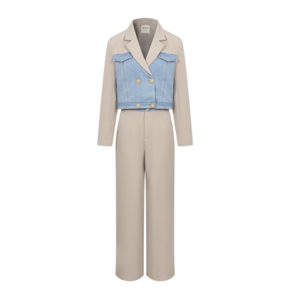 NWT Beige Pantsuit with Light Blue Denim Crop Vest